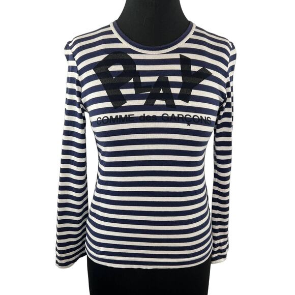 PLAY Comme des Garcons Navy White Stripe Crew Neckline Long Sleeve Knit Top S - Picture 1 of 9